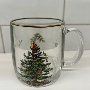 Spode Christmas Tree Clear Glass Coffee Tea Hot Chocolate Mug Cup Gold Rim USA
